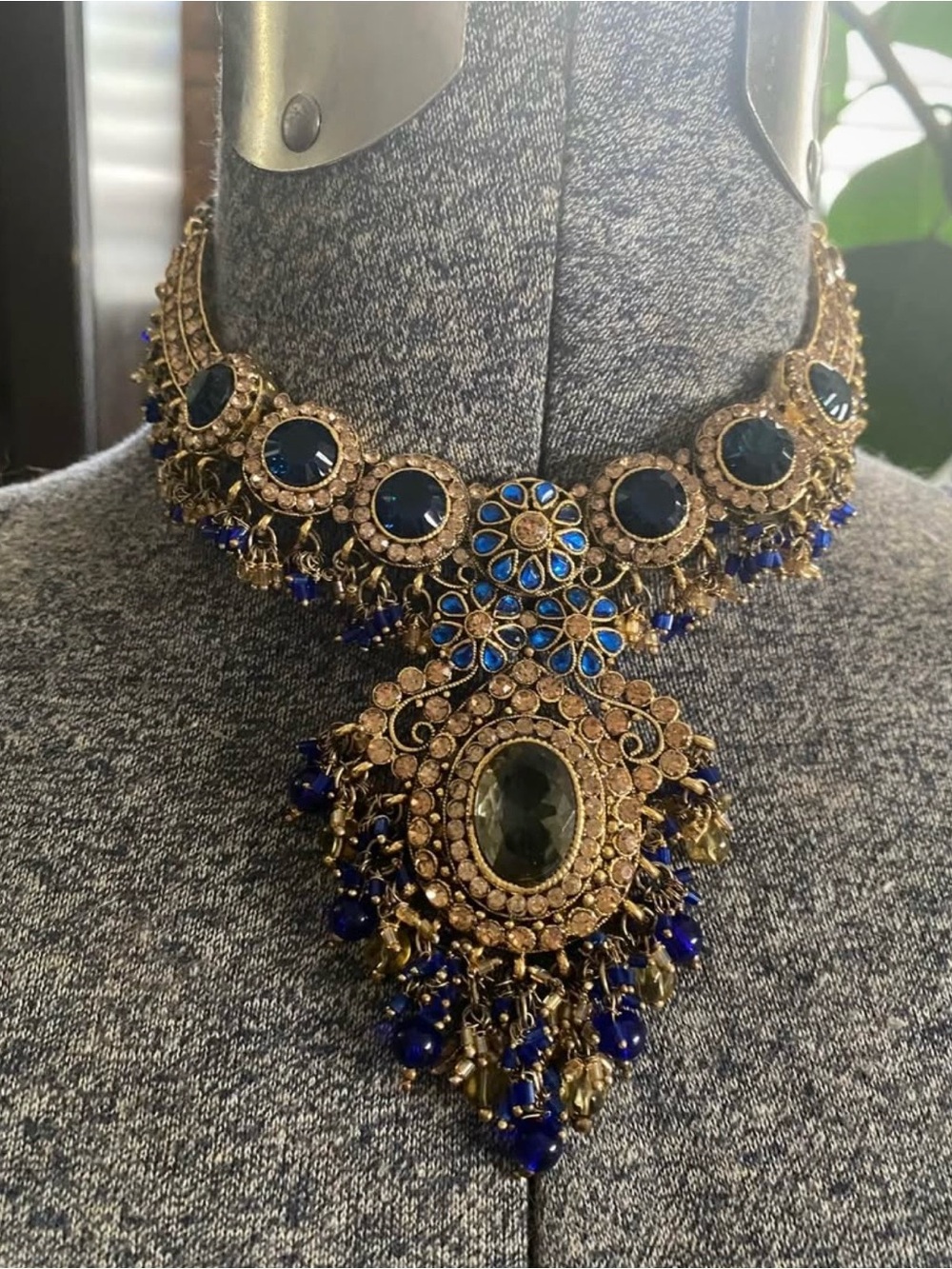 Regal Blue and Antique Gold Statement Choker Necklace for Women